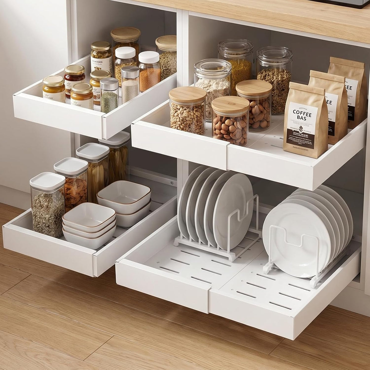 Pull Out Cabinet Organizers Expandable, Plastic Slide Out Drawers for Kitchen, Bathroom, Pantry, Under Sink Storage, Pull Out Drawers Fixed with Adhesive Nano Film (White, 11.6''-17.5'')