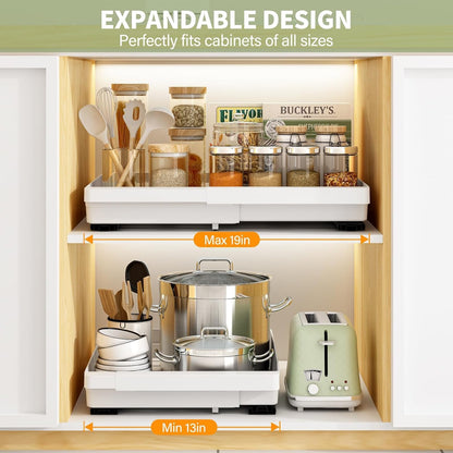 Pull Out Cabinet Organizers Expandable, Plastic Slide Out Drawers for Kitchen, Bathroom, Pantry, Under Sink Storage, Pull Out Drawers Fixed with Adhesive Nano Film (White, 11.6''-17.5'')