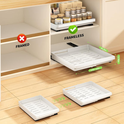 Pull Out Cabinet Organizers Expandable, Plastic Slide Out Drawers for Kitchen, Bathroom, Pantry, Under Sink Storage, Pull Out Drawers Fixed with Adhesive Nano Film (White, 11.6''-17.5'')