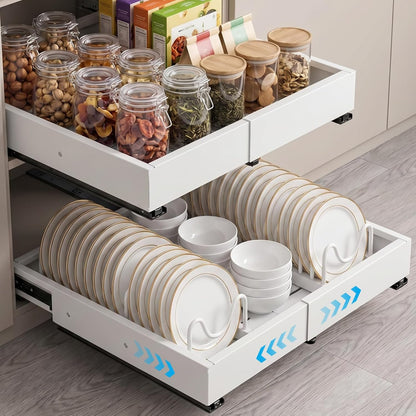 Pull Out Cabinet Organizers Expandable, Plastic Slide Out Drawers for Kitchen, Bathroom, Pantry, Under Sink Storage, Pull Out Drawers Fixed with Adhesive Nano Film (White, 11.6''-17.5'')