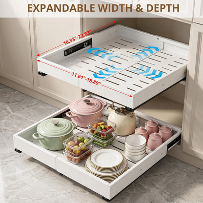 Pull Out Cabinet Organizers Expandable, Plastic Slide Out Drawers for Kitchen, Bathroom, Pantry, Under Sink Storage, Pull Out Drawers Fixed with Adhesive Nano Film (White, 11.6''-17.5'')