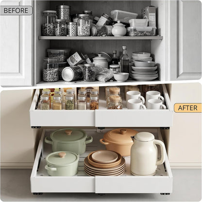 Pull Out Cabinet Organizers Expandable, Plastic Slide Out Drawers for Kitchen, Bathroom, Pantry, Under Sink Storage, Pull Out Drawers Fixed with Adhesive Nano Film (White, 11.6''-17.5'')