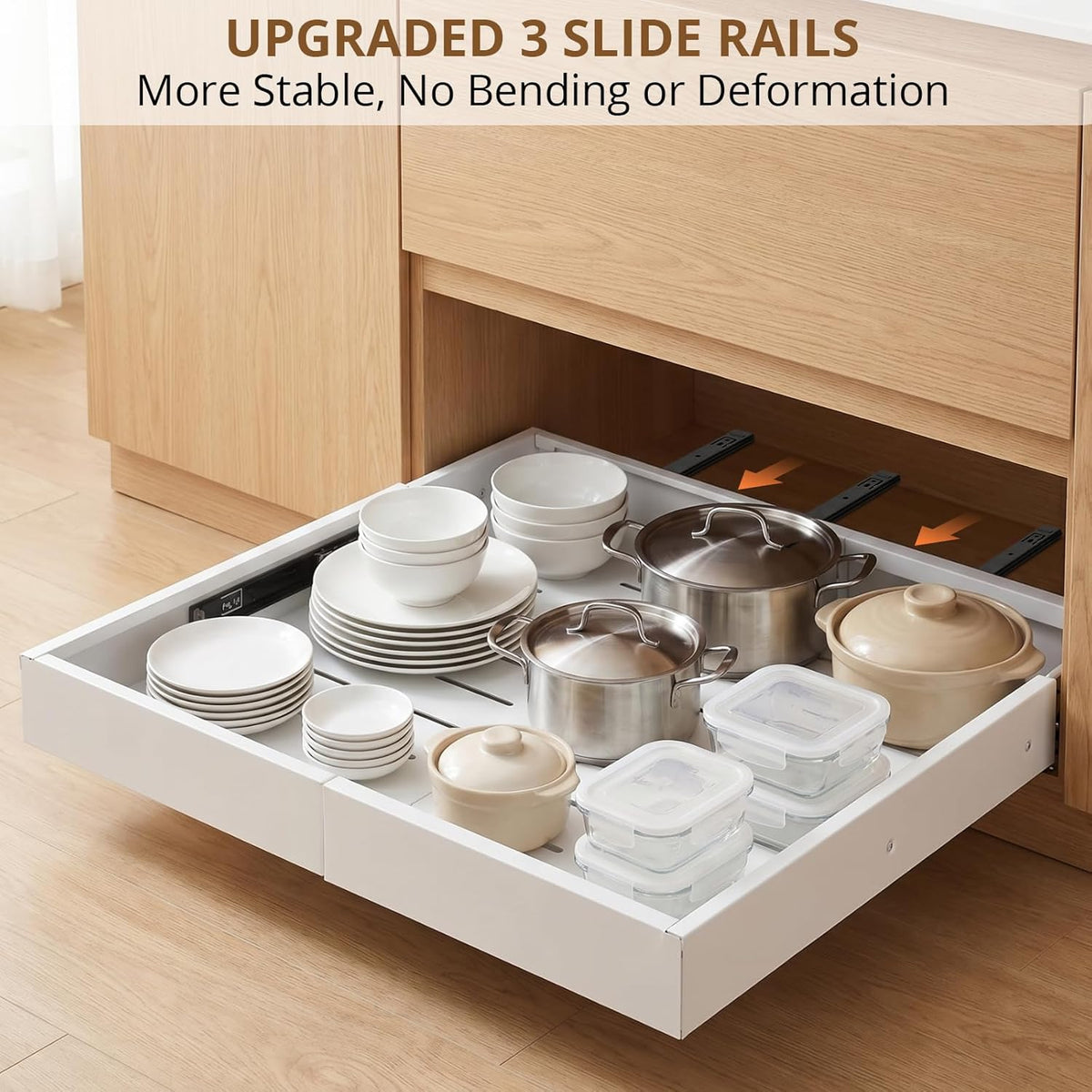 Pull Out Cabinet Organizers Expandable, Plastic Slide Out Drawers for Kitchen, Bathroom, Pantry, Under Sink Storage, Pull Out Drawers Fixed with Adhesive Nano Film (White, 11.6''-17.5'')