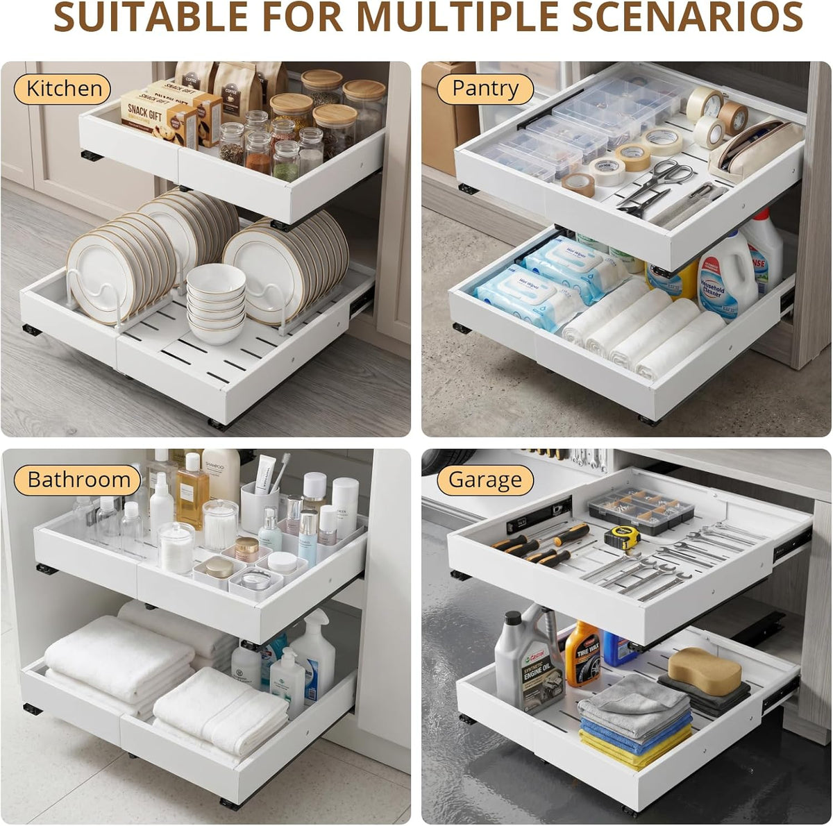Pull Out Cabinet Organizers Expandable, Plastic Slide Out Drawers for Kitchen, Bathroom, Pantry, Under Sink Storage, Pull Out Drawers Fixed with Adhesive Nano Film (White, 11.6''-17.5'')