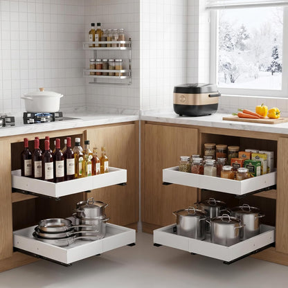 Pull Out Cabinet Organizers Expandable, Plastic Slide Out Drawers for Kitchen, Bathroom, Pantry, Under Sink Storage, Pull Out Drawers Fixed with Adhesive Nano Film (White, 11.6''-17.5'')