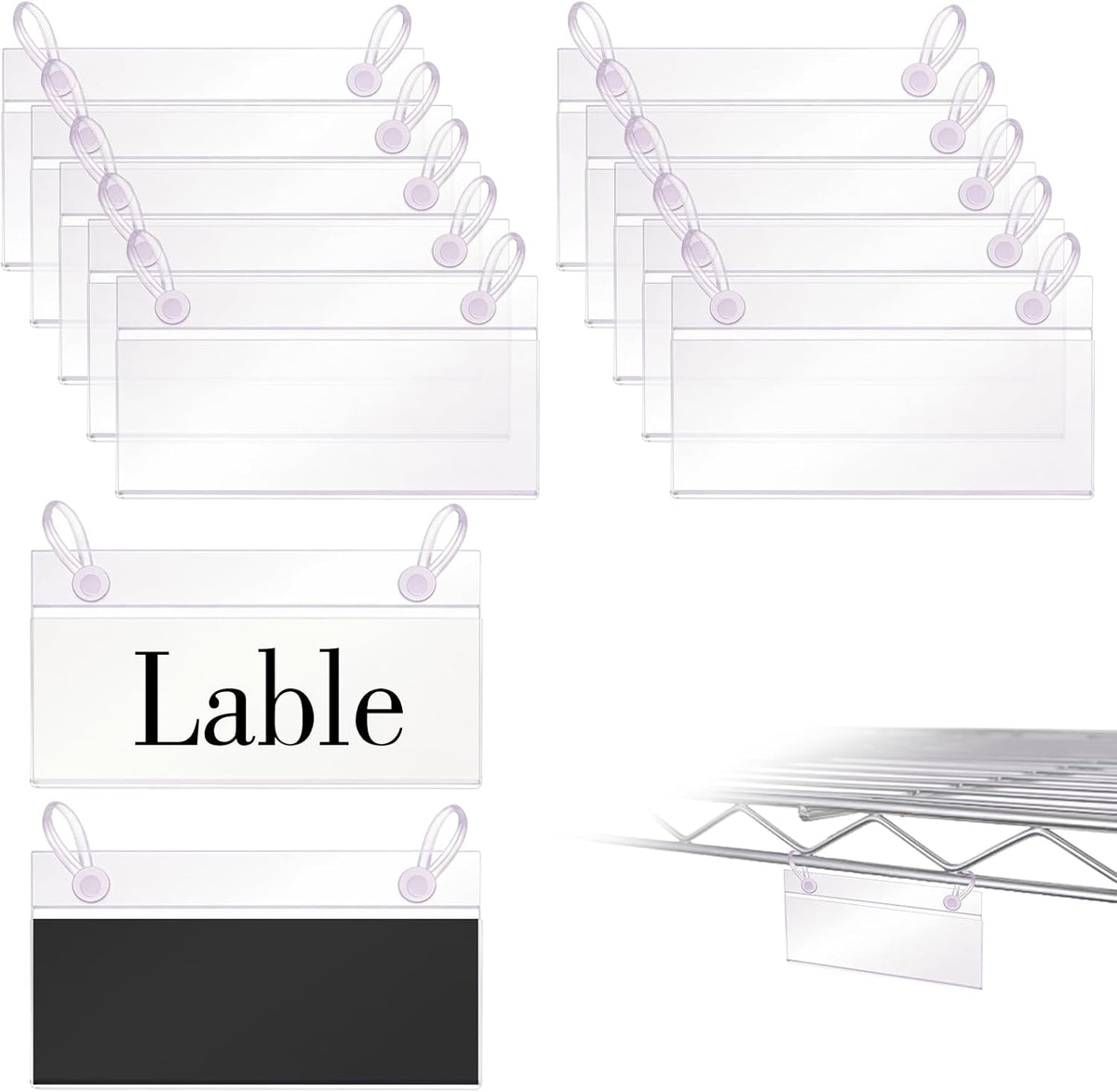 Basket Label Holders, ELEMGULY 30PCS Plastic Basket Label Clips with Easy Button Lock Design, Wire Shelf Label Holder Wire Rack Display Holder Price Sign for Home Market (60pcs Label Paper Included)