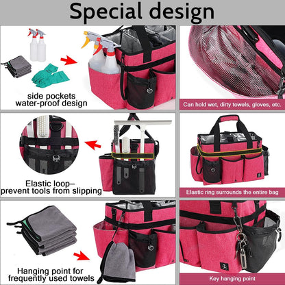 Large Cleaning Caddy Bag Built-in Sturdy Support Board, Cleaning Organizer with Detachable Divider, Cleaning Supply Tote with Adjustable Shoulder Strap&Waist Belt for Cleaners & Housekeeper