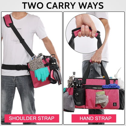 Large Cleaning Caddy Bag Built-in Sturdy Support Board, Cleaning Organizer with Detachable Divider, Cleaning Supply Tote with Adjustable Shoulder Strap&Waist Belt for Cleaners & Housekeeper