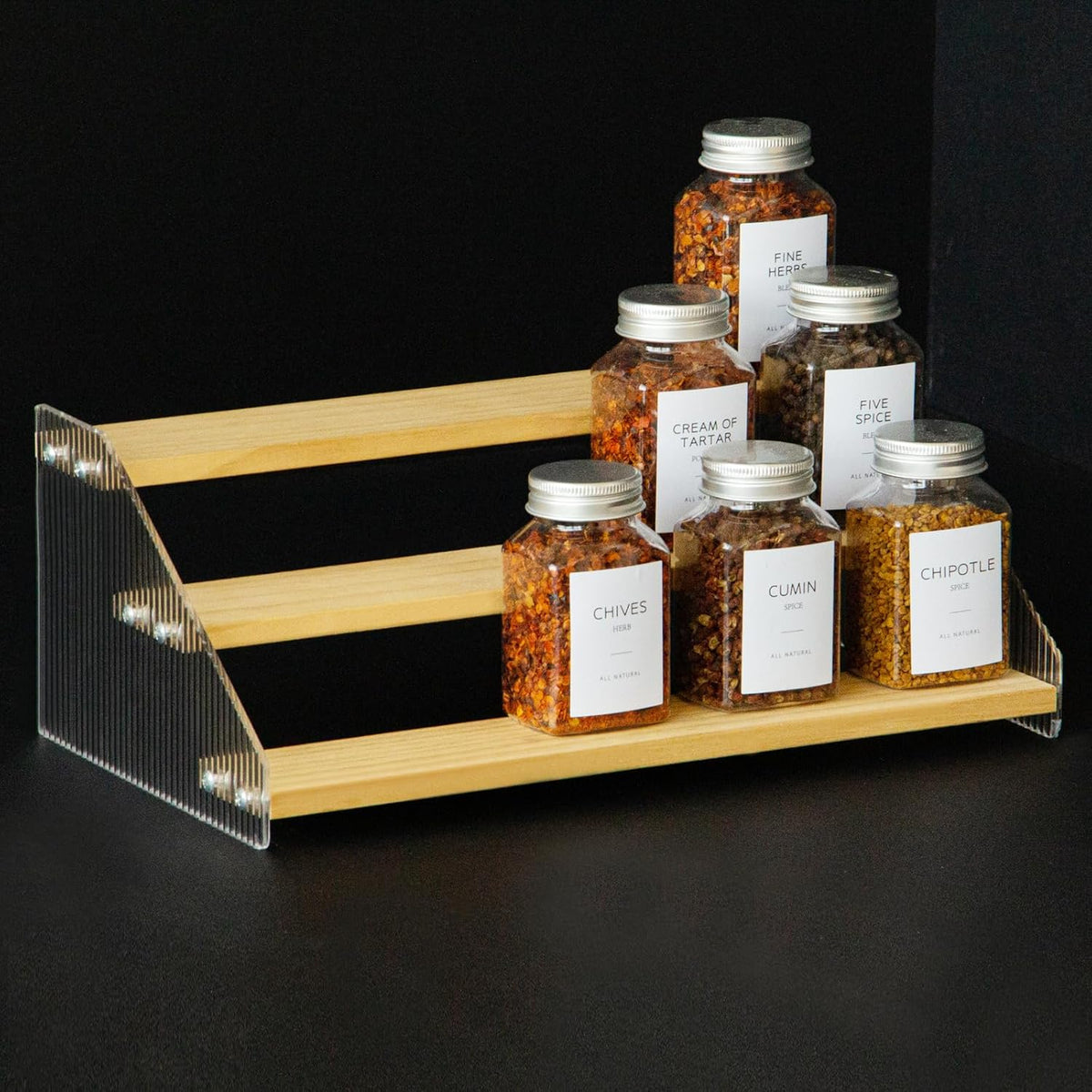 Tiered Spice Rack, 3-Tier Spice Pantry Kitchen Cabinet Organizer, 12-Inch, Natural Wood Acrylic Stair Riser Stand, Countertop Seasoning Shelf (Black)