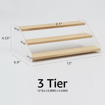 Tiered Spice Rack, 3-Tier Spice Pantry Kitchen Cabinet Organizer, 12-Inch, Natural Wood Acrylic Stair Riser Stand, Countertop Seasoning Shelf (Black)