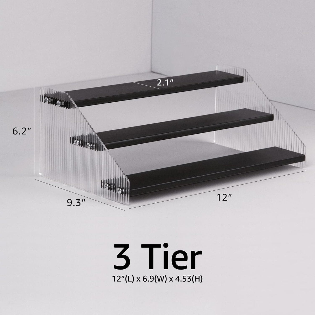 Tiered Spice Rack, 3-Tier Spice Pantry Kitchen Cabinet Organizer, 12-Inch, Natural Wood Acrylic Stair Riser Stand, Countertop Seasoning Shelf (Black)