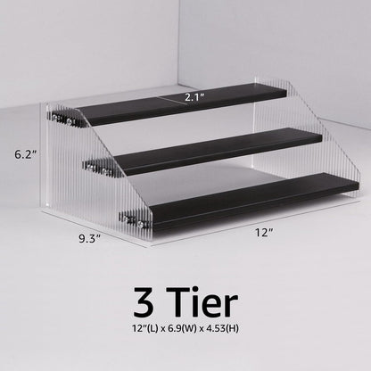 Tiered Spice Rack, 3-Tier Spice Pantry Kitchen Cabinet Organizer, 12-Inch, Natural Wood Acrylic Stair Riser Stand, Countertop Seasoning Shelf (Black)