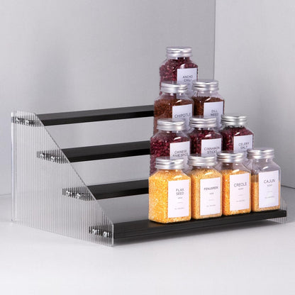 Tiered Spice Rack, 3-Tier Spice Pantry Kitchen Cabinet Organizer, 12-Inch, Natural Wood Acrylic Stair Riser Stand, Countertop Seasoning Shelf (Black)