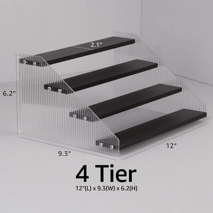 Tiered Spice Rack, 3-Tier Spice Pantry Kitchen Cabinet Organizer, 12-Inch, Natural Wood Acrylic Stair Riser Stand, Countertop Seasoning Shelf (Black)