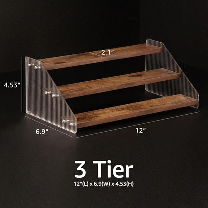 Tiered Spice Rack, 3-Tier Spice Pantry Kitchen Cabinet Organizer, 12-Inch, Natural Wood Acrylic Stair Riser Stand, Countertop Seasoning Shelf (Black)