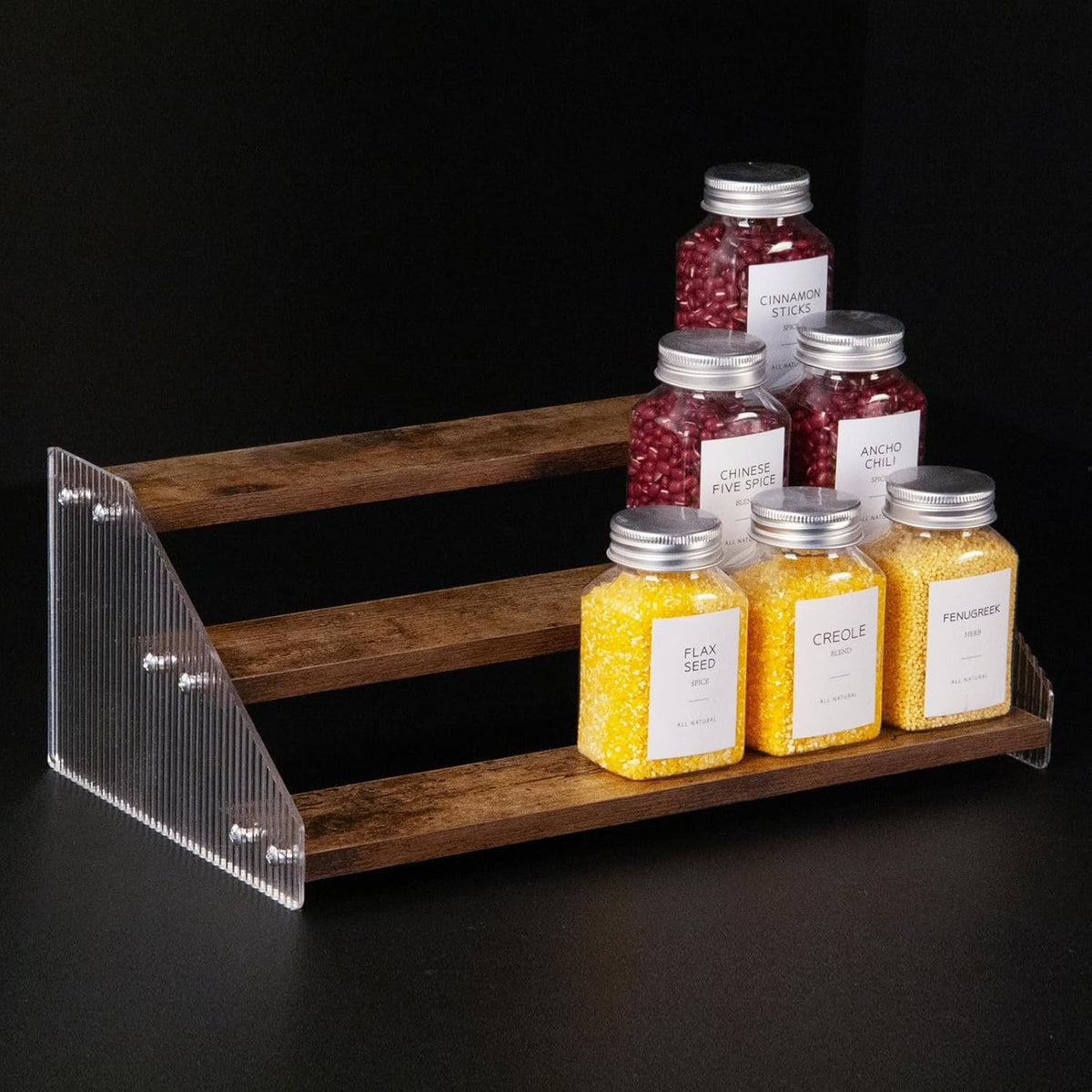 Tiered Spice Rack, 3-Tier Spice Pantry Kitchen Cabinet Organizer, 12-Inch, Natural Wood Acrylic Stair Riser Stand, Countertop Seasoning Shelf (Black)