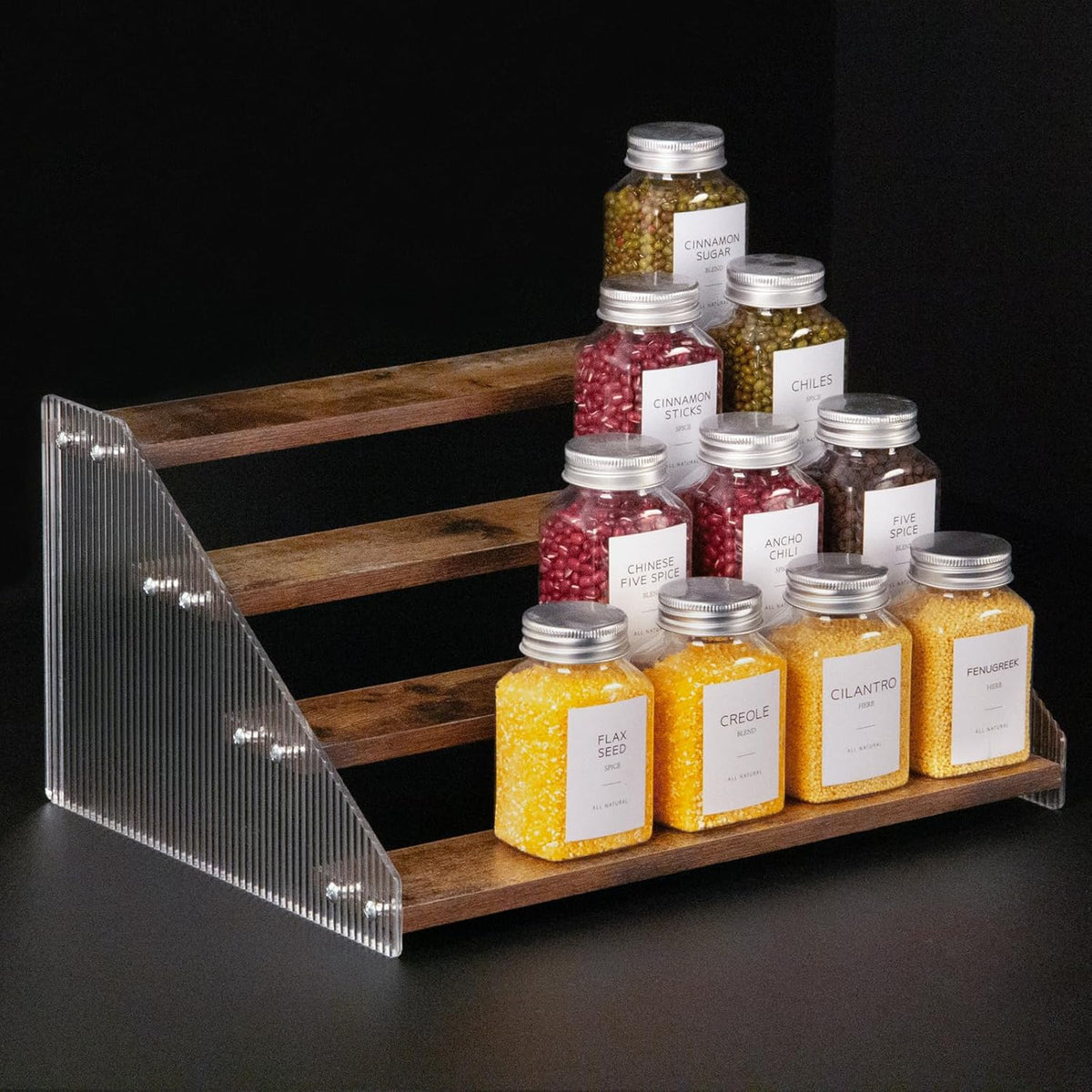 Tiered Spice Rack, 3-Tier Spice Pantry Kitchen Cabinet Organizer, 12-Inch, Natural Wood Acrylic Stair Riser Stand, Countertop Seasoning Shelf (Black)