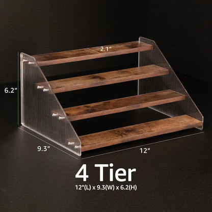 Tiered Spice Rack, 3-Tier Spice Pantry Kitchen Cabinet Organizer, 12-Inch, Natural Wood Acrylic Stair Riser Stand, Countertop Seasoning Shelf (Black)