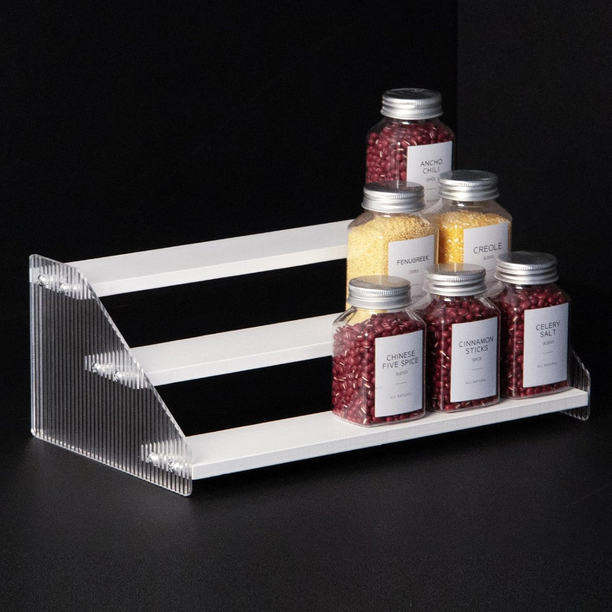 Tiered Spice Rack, 3-Tier Spice Pantry Kitchen Cabinet Organizer, 12-Inch, Natural Wood Acrylic Stair Riser Stand, Countertop Seasoning Shelf (Black)