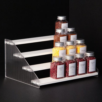 Tiered Spice Rack, 3-Tier Spice Pantry Kitchen Cabinet Organizer, 12-Inch, Natural Wood Acrylic Stair Riser Stand, Countertop Seasoning Shelf (Black)