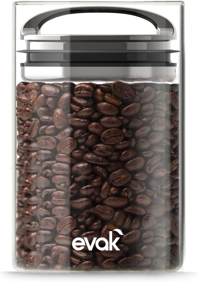 Evak Fresh Saver Airless Canister, Glass & Stainless, Medium, Soft Touch Black Handle