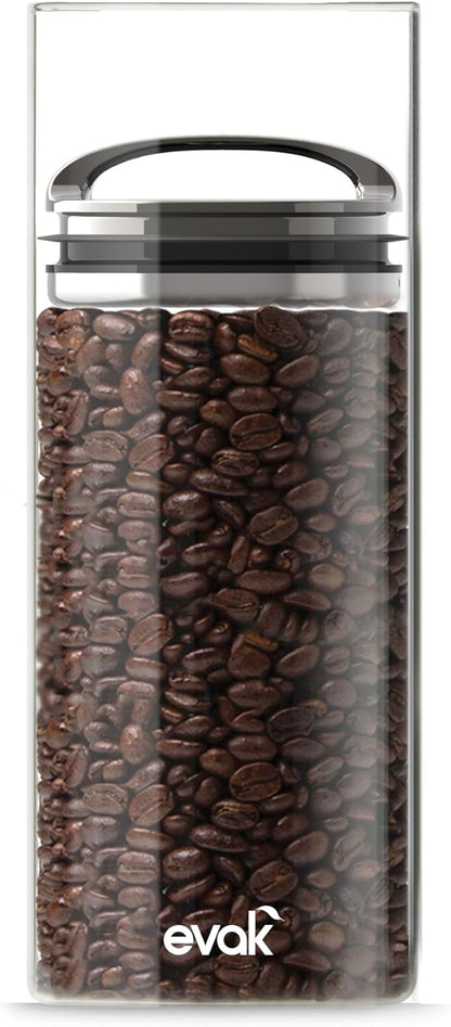 Evak Fresh Saver Airless Canister, Glass & Stainless, Medium, Soft Touch Black Handle