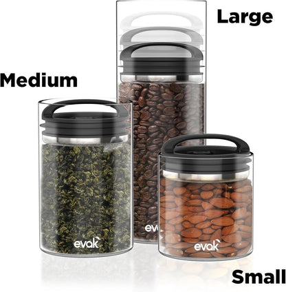 Evak Fresh Saver Airless Canister, Glass & Stainless, Medium, Soft Touch Black Handle