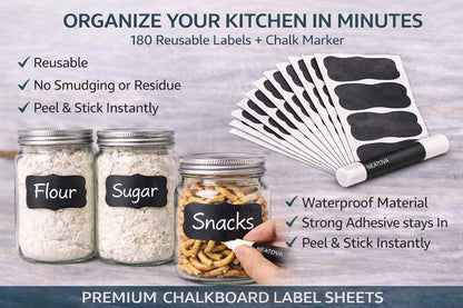 Chalkboard Labels for Jars – 180 Pack, Reusable Waterproof Erasable Stickers with Liquid Chalk Marker, 2” x 3” Wavy Rectangle Labels for Pantry, Mason Jars & Kitchen Organization