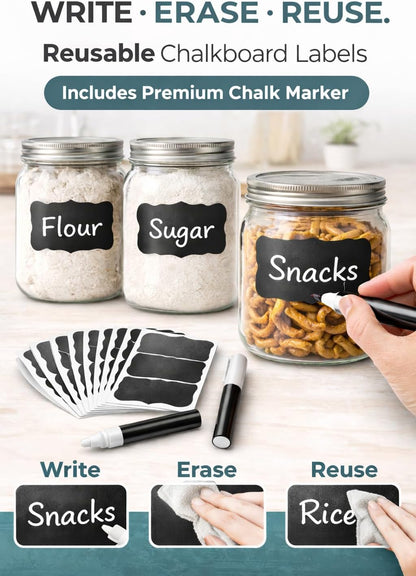Chalkboard Labels for Jars – 180 Pack, Reusable Waterproof Erasable Stickers with Liquid Chalk Marker, 2” x 3” Wavy Rectangle Labels for Pantry, Mason Jars & Kitchen Organization