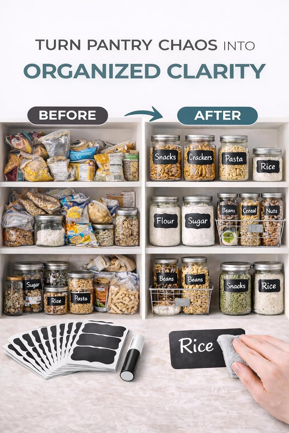 Chalkboard Labels for Jars – 180 Pack, Reusable Waterproof Erasable Stickers with Liquid Chalk Marker, 2” x 3” Wavy Rectangle Labels for Pantry, Mason Jars & Kitchen Organization