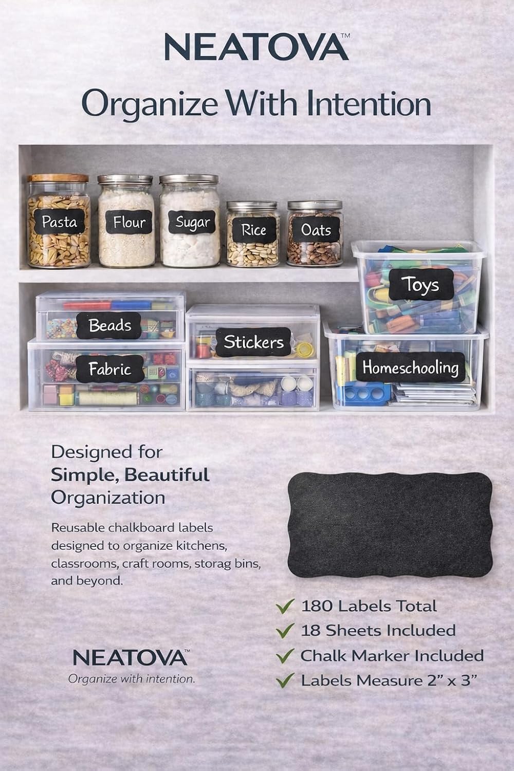 Chalkboard Labels for Jars – 180 Pack, Reusable Waterproof Erasable Stickers with Liquid Chalk Marker, 2” x 3” Wavy Rectangle Labels for Pantry, Mason Jars & Kitchen Organization