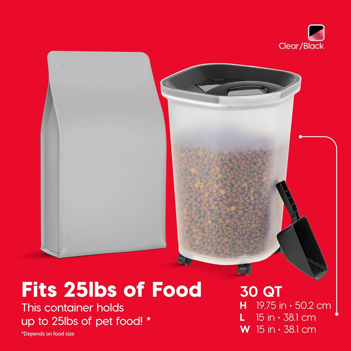 Airtight Pet Food Storage Rolling Container, 30 lb Capacity, Black