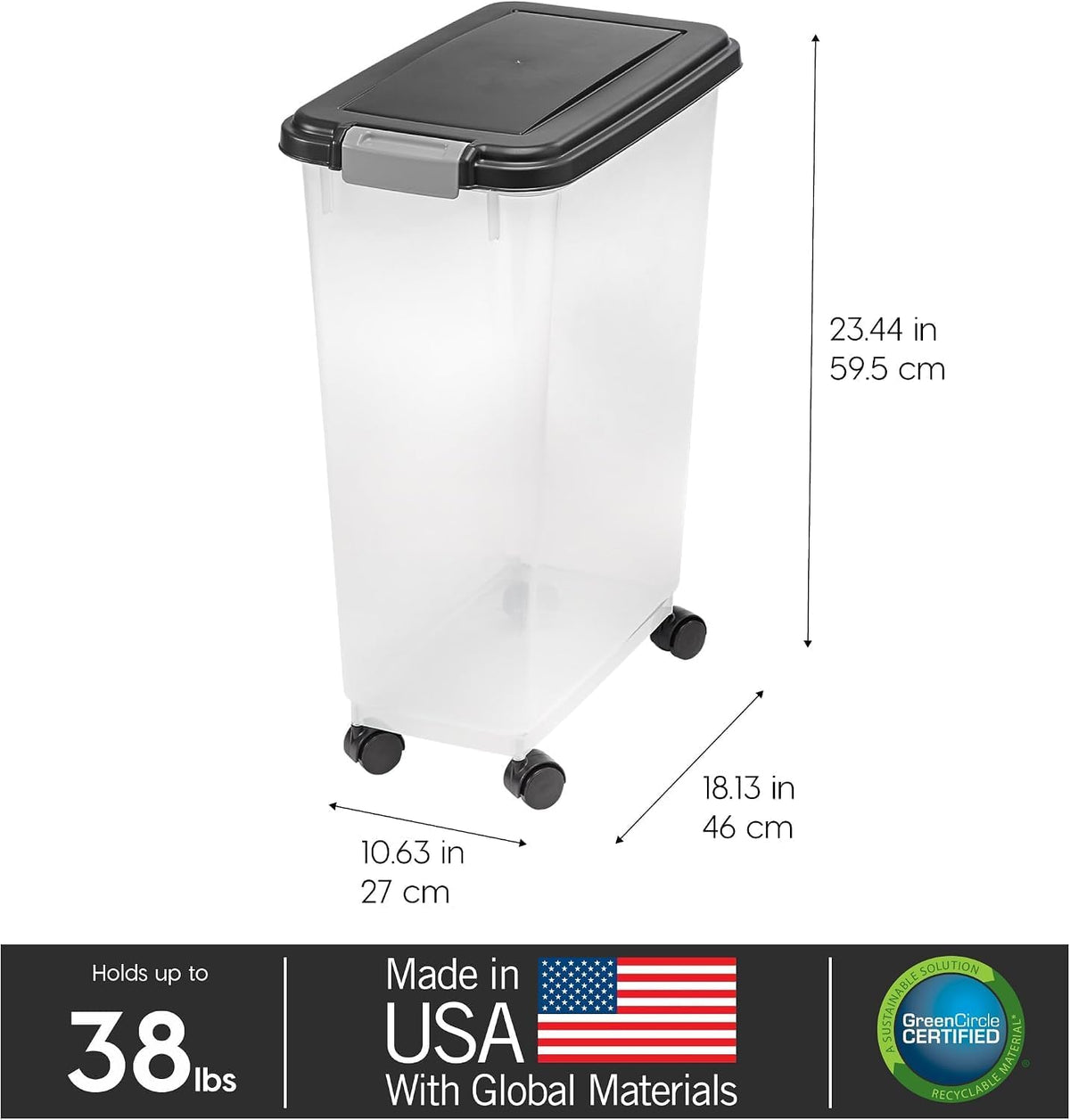 Airtight Pet Food Storage Rolling Container, 30 lb Capacity, Black