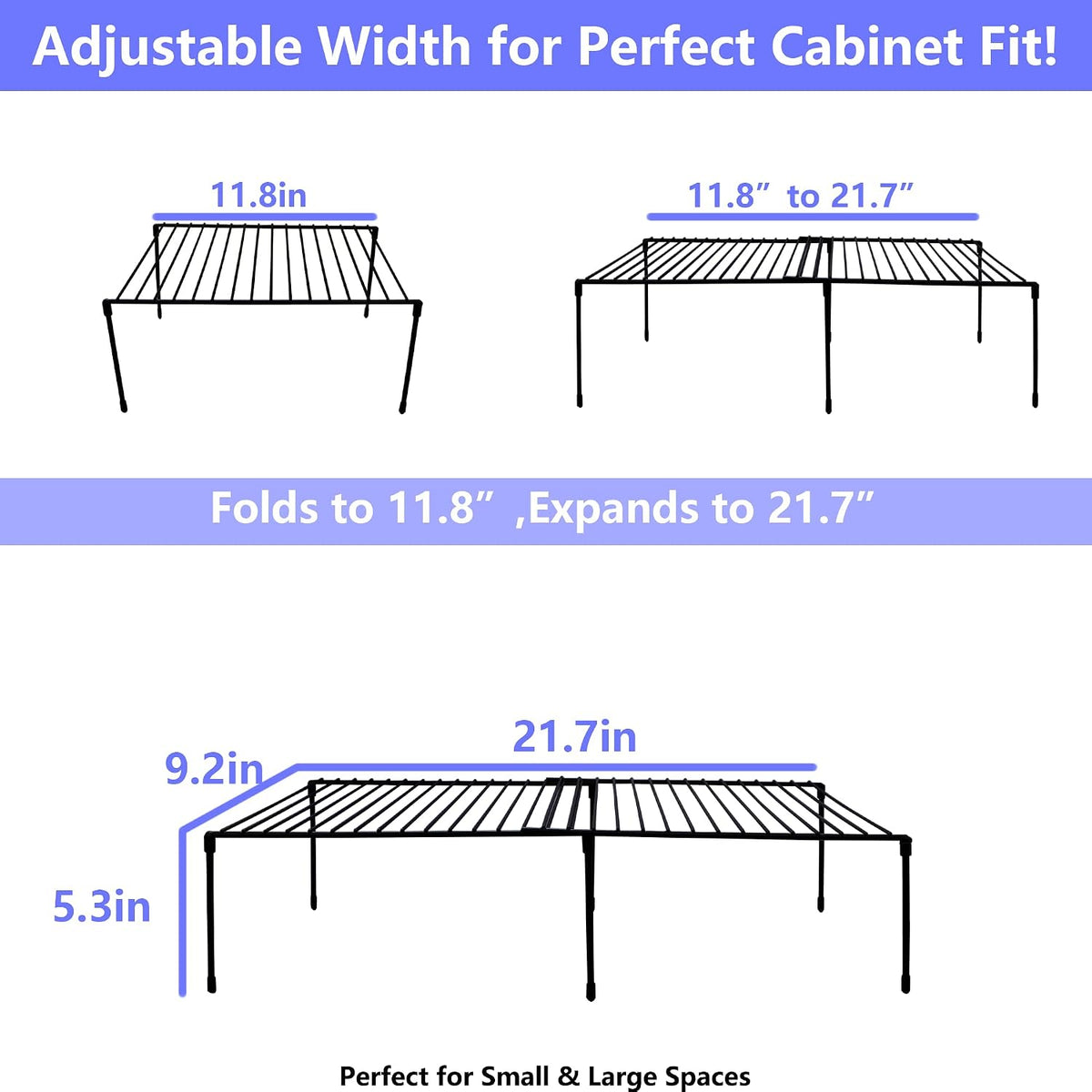 Expandable Freezer Shelf Organizer (11.8-21.7 Inch), Adjustable Kitchen Cabinet Storage Rack with Rustproof Metal Wire, Stackable Spice Rack Shelf for Fridge, Pantry, Cupboard, Countertop Organization