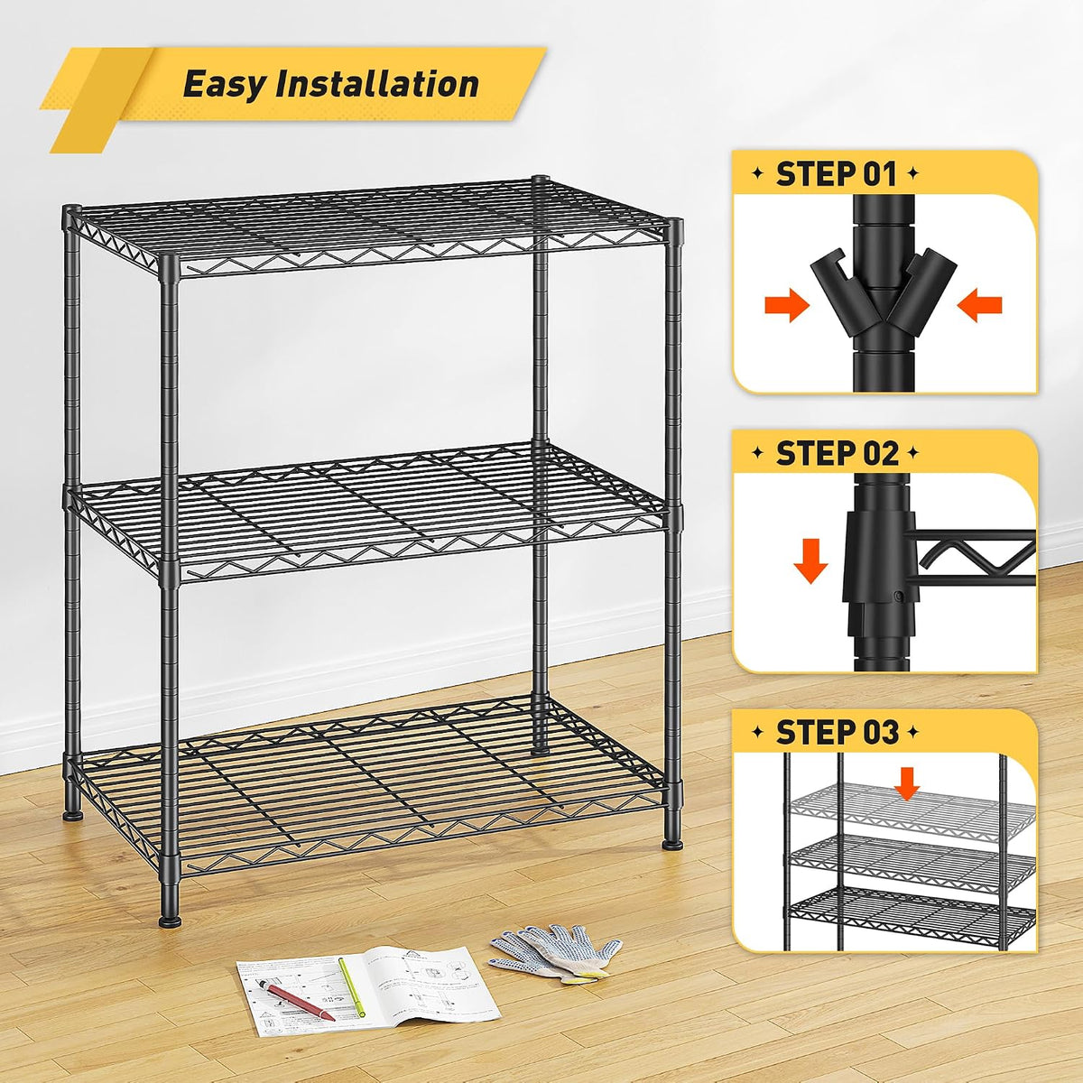 3-Tier 450LBS Adjustable Wire Shelving Unit for Kitchen, Black