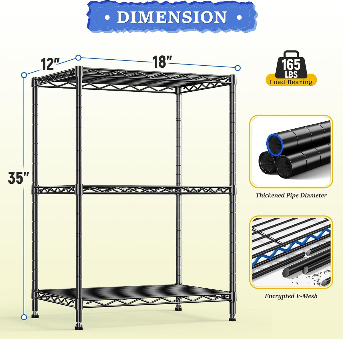 3-Tier 450LBS Adjustable Wire Shelving Unit for Kitchen, Black