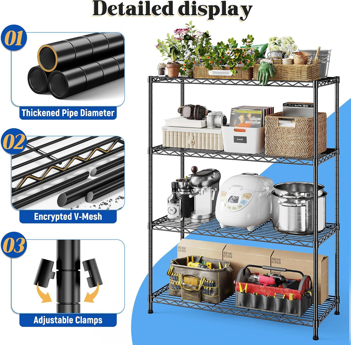 3-Tier 450LBS Adjustable Wire Shelving Unit for Kitchen, Black