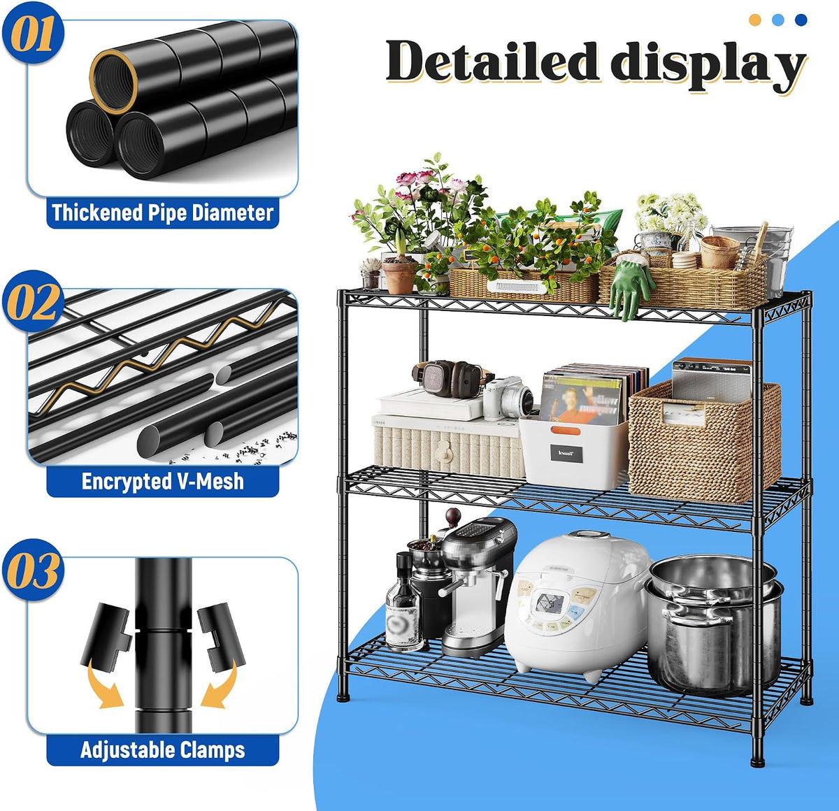 3-Tier 450LBS Adjustable Wire Shelving Unit for Kitchen, Black