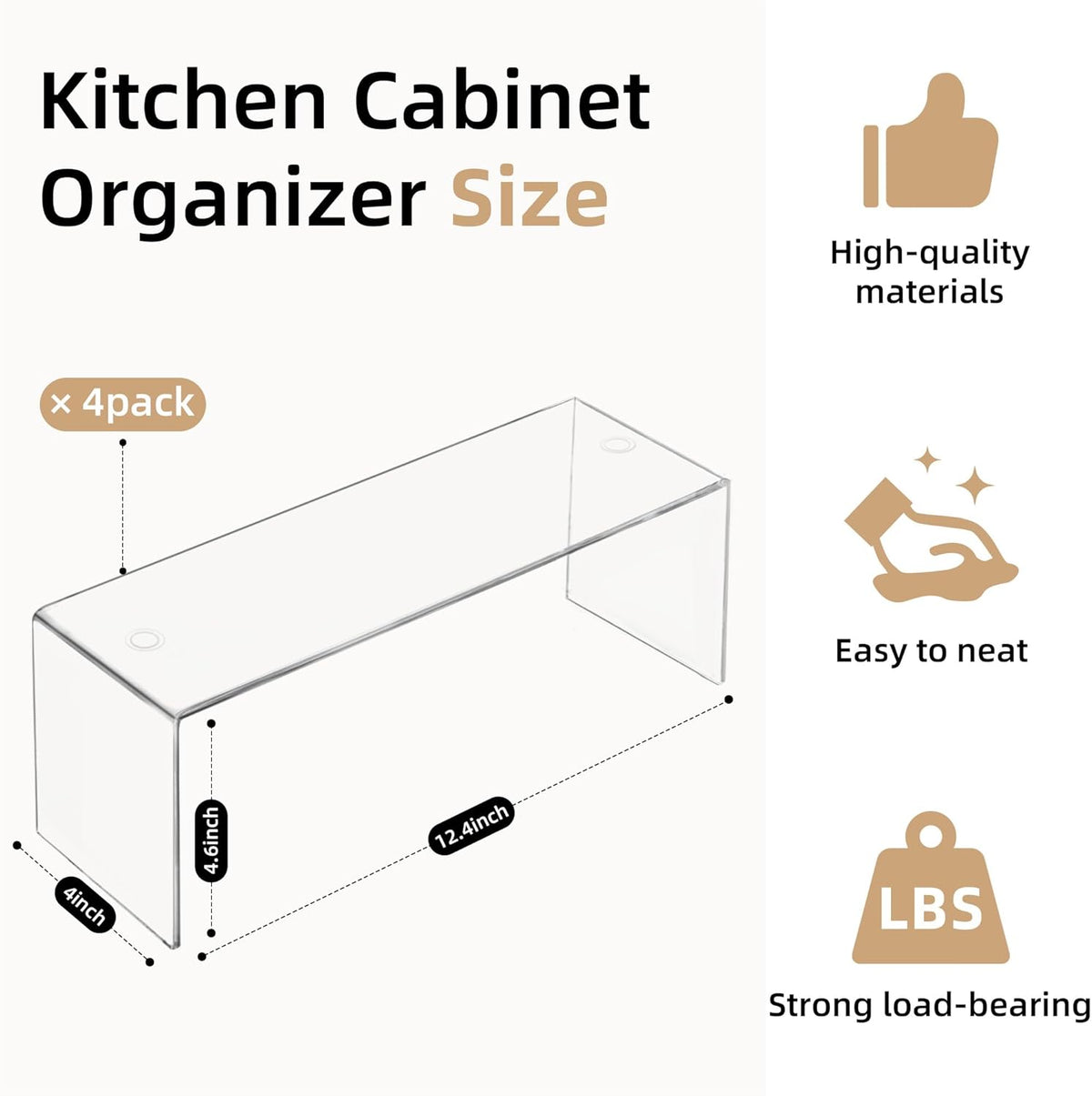 Cabinet Organizer Shelf, Acrylic Kitchen Counter Shelves Organizer, Spice Rack for Dishes, Spices, Soda Cans and Bottles（12.4 x 4 x 4.6 inch）