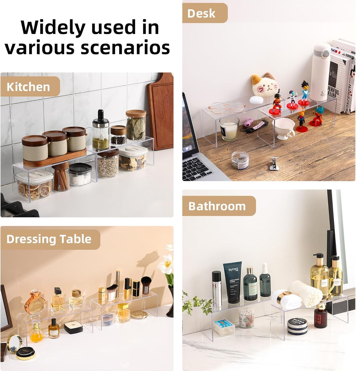 Cabinet Organizer Shelf, Acrylic Kitchen Counter Shelves Organizer, Spice Rack for Dishes, Spices, Soda Cans and Bottles（12.4 x 4 x 4.6 inch）