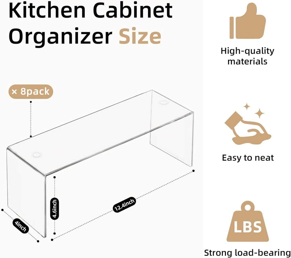 Cabinet Organizer Shelf, Acrylic Kitchen Counter Shelves Organizer, Spice Rack for Dishes, Spices, Soda Cans and Bottles（12.4 x 4 x 4.6 inch）