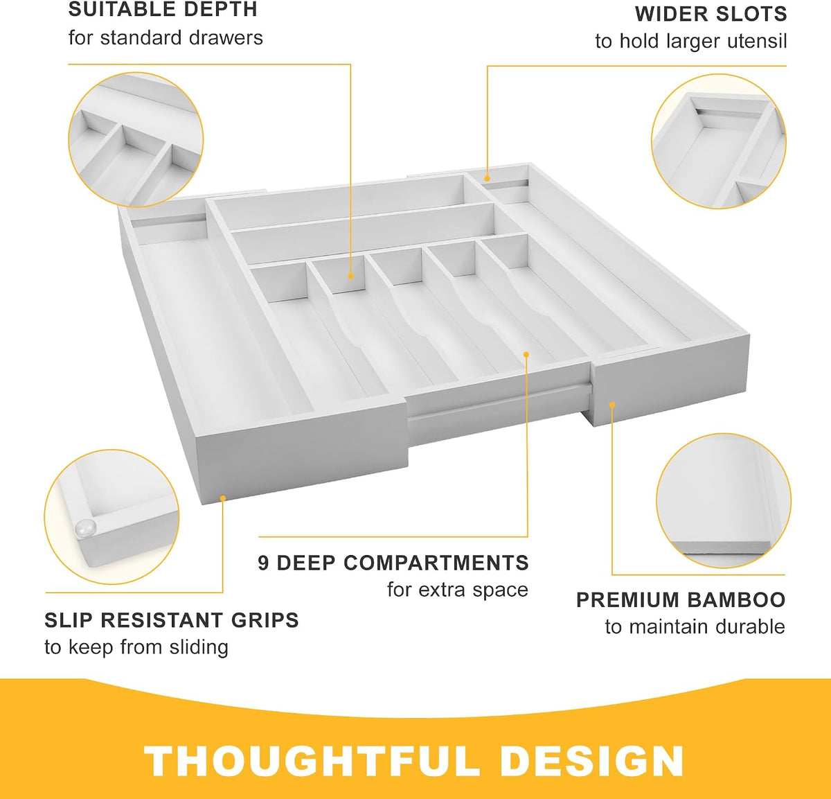 Expandable Bamboo Kitchen Drawer Organizer for Cutlery and Utensils, Adjustable Bamboo Wood Cutlery Tray in Drawer for Flatware and Silverware in Kitchen, (Natural)