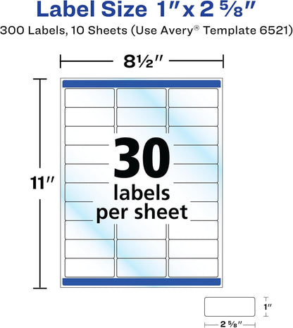 Printable Address Labels with Sure Feed, 1" x 2-5/8", Glossy Clear, 300 Blank Mailing Labels for Laser and Inkjet Printers (6521)