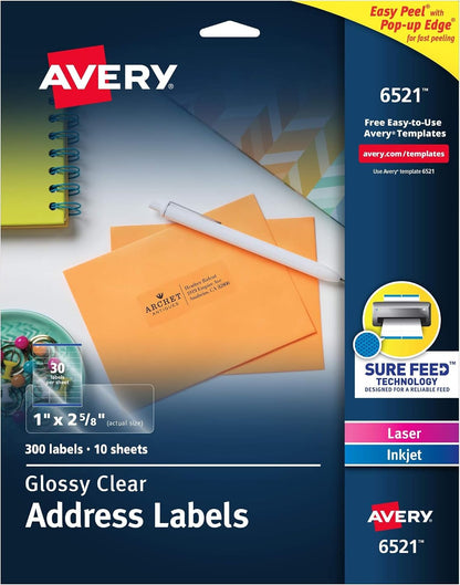 Printable Address Labels with Sure Feed, 1" x 2-5/8", Glossy Clear, 300 Blank Mailing Labels for Laser and Inkjet Printers (6521)