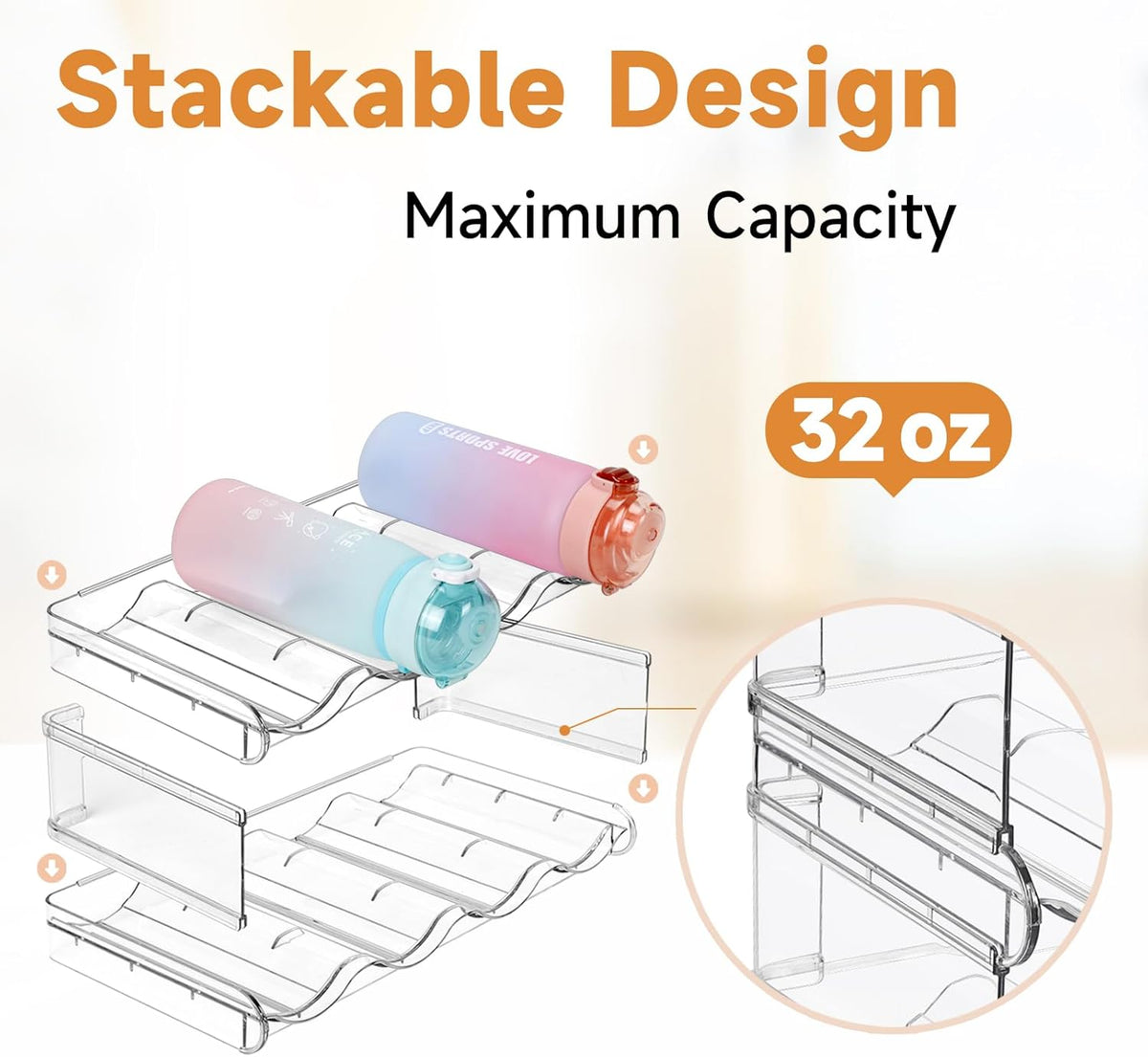 Stackable Water Bottle Organizer, Large Compartment Water Bottle Holder, 4 Tier Clear Water Bottle Organizer for Cabinet, Bottle Rack for Kitchen Organization and Storage - Hold 16 Bottles