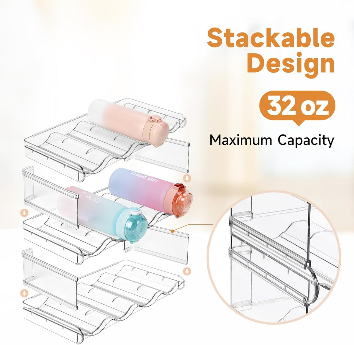 Stackable Water Bottle Organizer, Large Compartment Water Bottle Holder, 4 Tier Clear Water Bottle Organizer for Cabinet, Bottle Rack for Kitchen Organization and Storage - Hold 16 Bottles