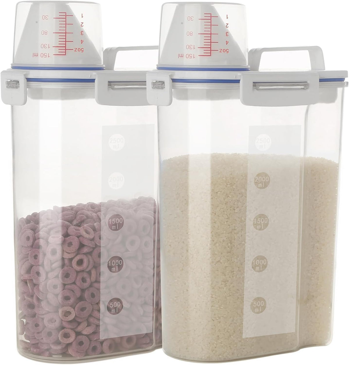 5.5 Lbs Rice Airtight Dry Food Storage Container Set of 4, Rice Storage Bin Cereal Containers Dispenser, Thicken Plastic Clear Food Storage Box with Pouring Spout, Measring Cup for Grain, Flour Snacks | BPA Free, Airtight Lid, with Pouring Spout, Clear,