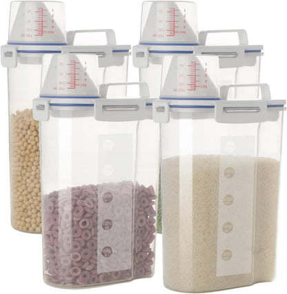 5.5 Lbs Rice Airtight Dry Food Storage Container Set of 4, Rice Storage Bin Cereal Containers Dispenser, Thicken Plastic Clear Food Storage Box with Pouring Spout, Measring Cup for Grain, Flour Snacks | BPA Free, Airtight Lid, with Pouring Spout, Clear,