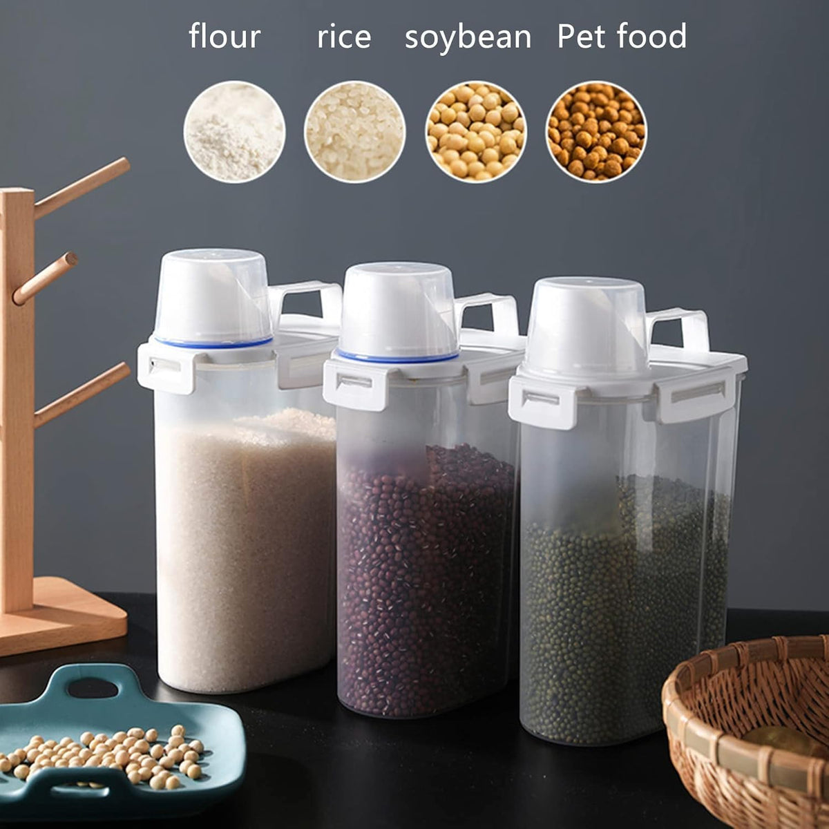 5.5 Lbs Rice Airtight Dry Food Storage Container Set of 4, Rice Storage Bin Cereal Containers Dispenser, Thicken Plastic Clear Food Storage Box with Pouring Spout, Measring Cup for Grain, Flour Snacks | BPA Free, Airtight Lid, with Pouring Spout, Clear,