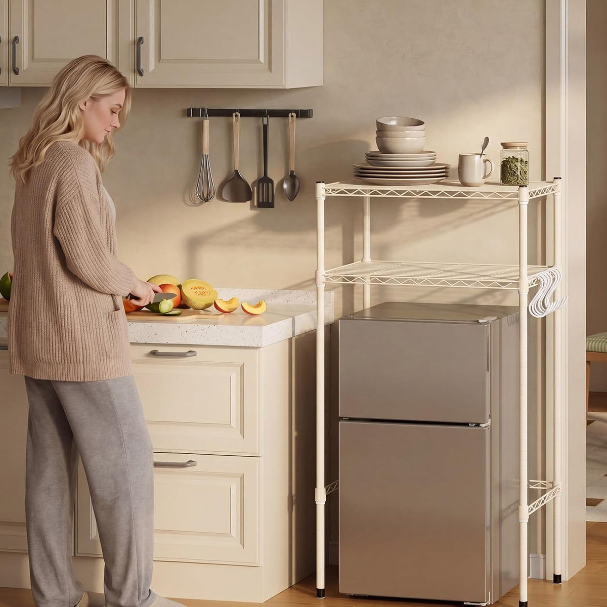 2-Tier Mini Fridge Shelf Adjustable Mini Fridge Stand with Storage and Hook for Dorm Space Saving, Metal Microwave Organizer Shelf for Dorm Kitchen Room Apartment (White)